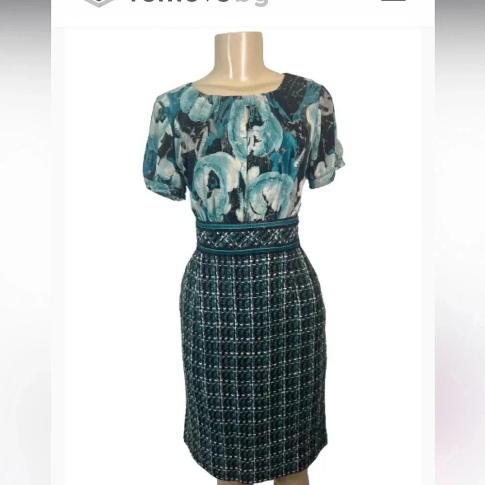 Julian Taylor Chic midi dress tweed & floral blue &  black pockets